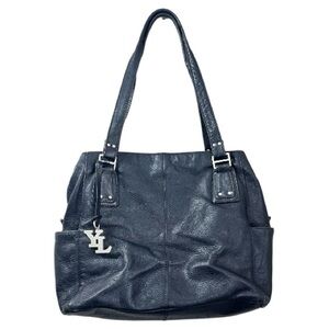 YL New York London Black Leather Tote Bag Large Shoulder Handbag Silver Charm